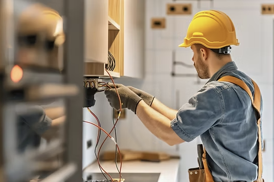 A male electrician wearing a yellow hard hat working on electrical wiring inside an indoor utility panel.