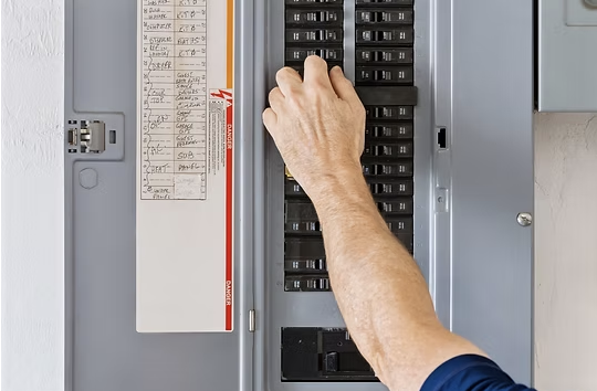 A person’s hand with a dark shirt reaching into an electrical circuit breaker panel.