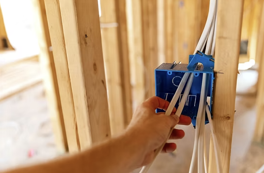 A person's hand connecting electrical wires into a blue electrical box inside a wooden wall frame.