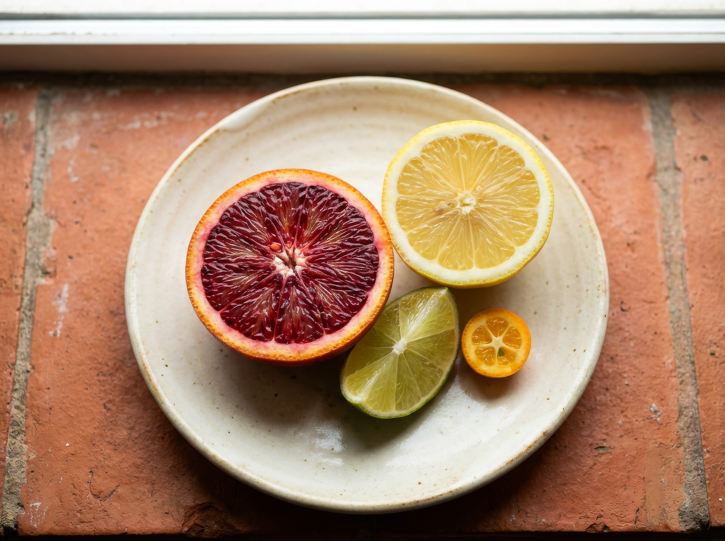 A white oval plate holding half-cut blood orange, lemon, lime, and kumquat sitting on a brick windowsill.