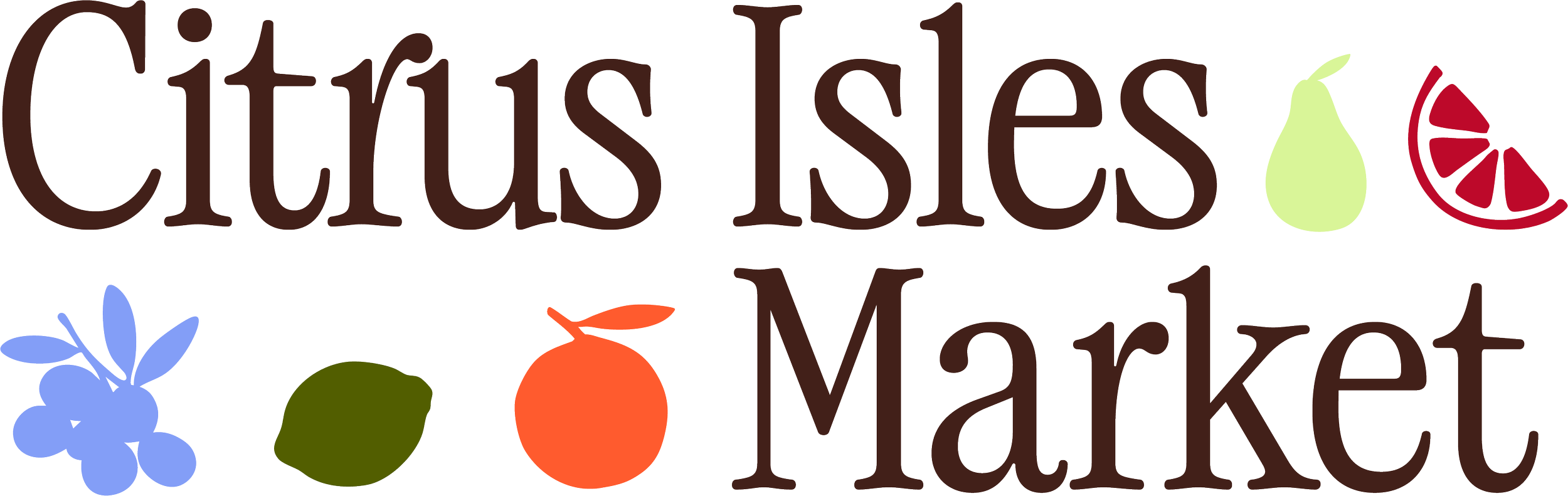 Logo of Citrus Isle Market featuring text and illustrations of a branch of blue berries, a green lime, and an orange citrus fruit.