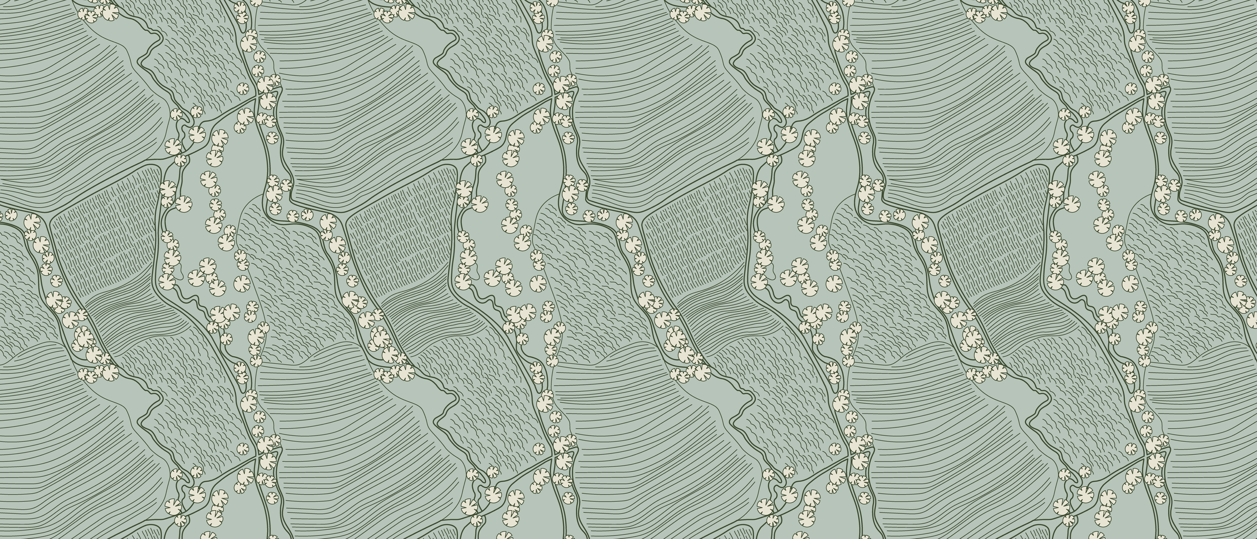 A repeating pattern featuring stylized landscape elements such as hills, fields, and winding roads with small floral motifs.