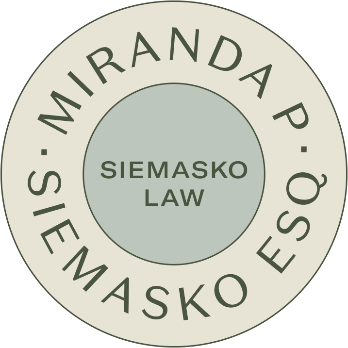 Circular emblem with the words 'Miranda P. Siemasko Law' around the edge and 'Siemasko Law' in the center.