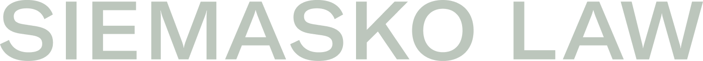 Text displaying 'SIEMASKO LAW' in large gray letters on a dark green background.
