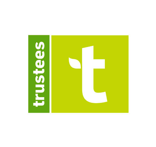 Logo with a green square, the word 'trustees' written vertically, and a lowercase 't' with a leaf and cross symbol on a lime green background