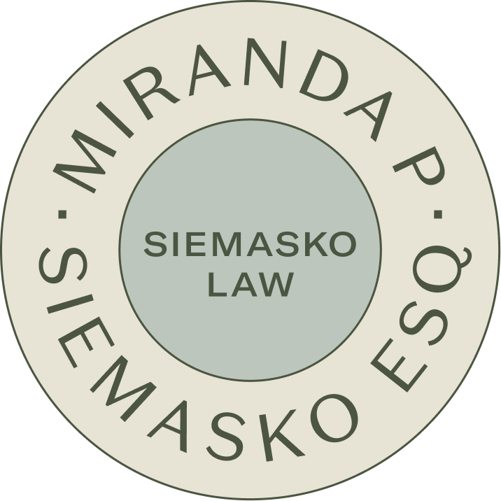 Circular emblem with the words 'Miranda P. Siemasko Law' around the edge and 'Siemasko Law' in the center.