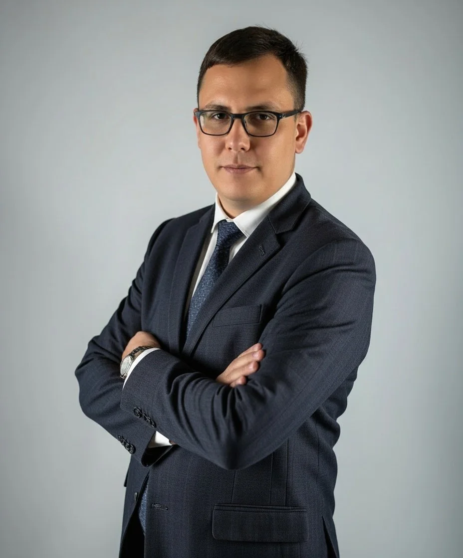 A young man with dark hair and glasses wearing a dark suit, white shirt, and blue tie, crossing his arms and looking at the camera against a plain gray background.