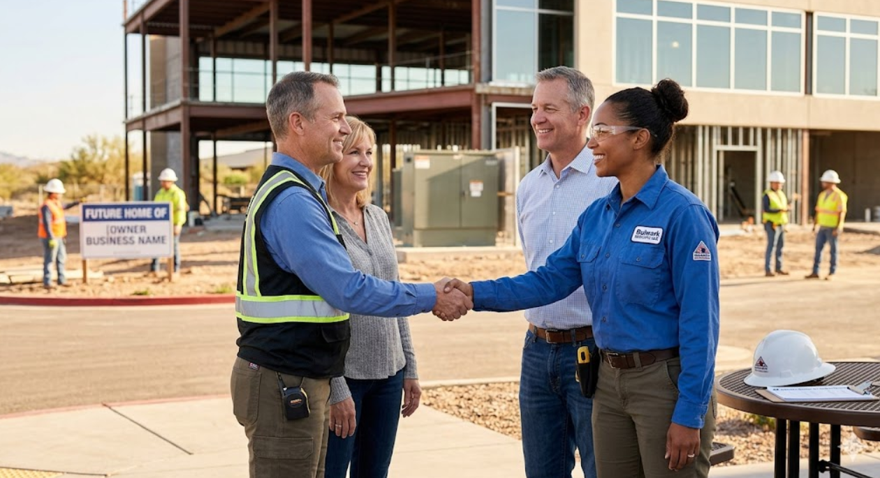 Four people, two men and two women, shaking hands outdoors at a construction site. The background shows a partially built building, construction workers, and a sign that says 'Future Home of' and a business name placeholder.