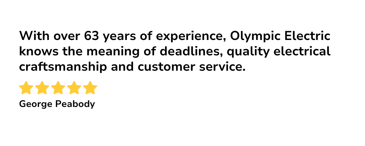 Customer review quote emphasizing 63 years of electrical experience, quality craftsmanship, and customer service, with a five-star rating and the author named George Peabody.