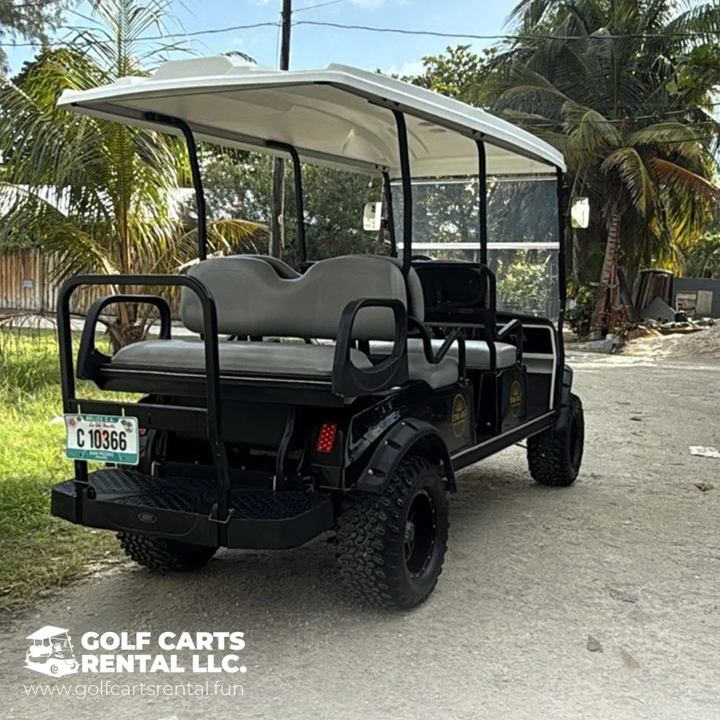 A black golf cart with a beige roof parked on a gravel path among palm trees, with a license plate from California and a logo for Golf Carts Rental LLC at the bottom left corner.