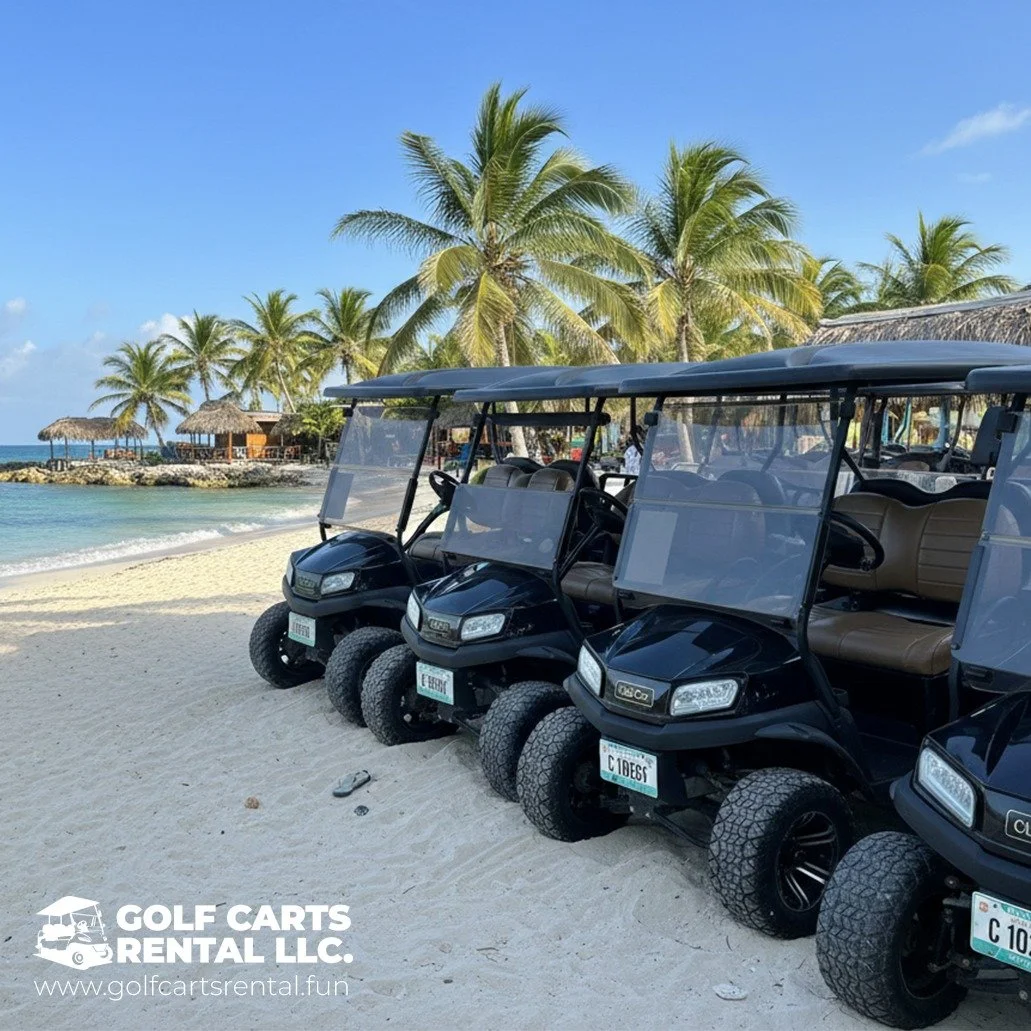 Several black golf carts parked on a sandy beach with palm trees and tiki huts in the background under a clear blue sky.