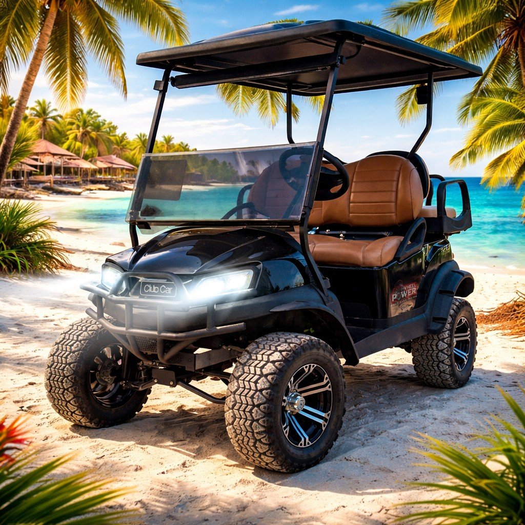 A black golf cart with brown seats on a sandy beach, surrounded by palm trees, overlooking the ocean.