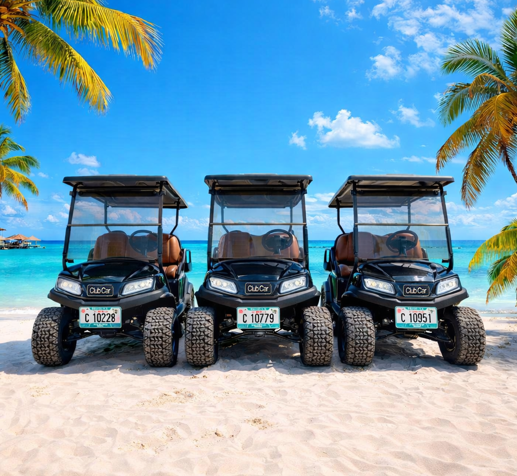 Three black golf carts parked on a sandy beach with palm trees, blue ocean, and cloudy sky in the background.