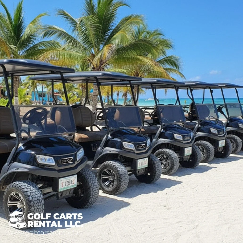 Multiple black golf carts parked on a sandy beach with palm trees and the ocean in the background.