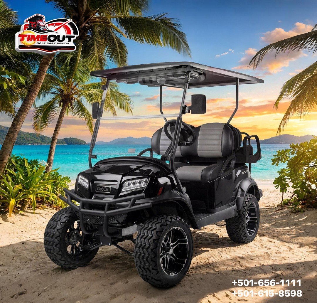 A black golf cart with gray seats parked on a sandy beach with palm trees and a view of the ocean at sunset. The logo 'Timeout Golf Cart Rental' is visible in the top left corner, and contact phone numbers are at the bottom right.