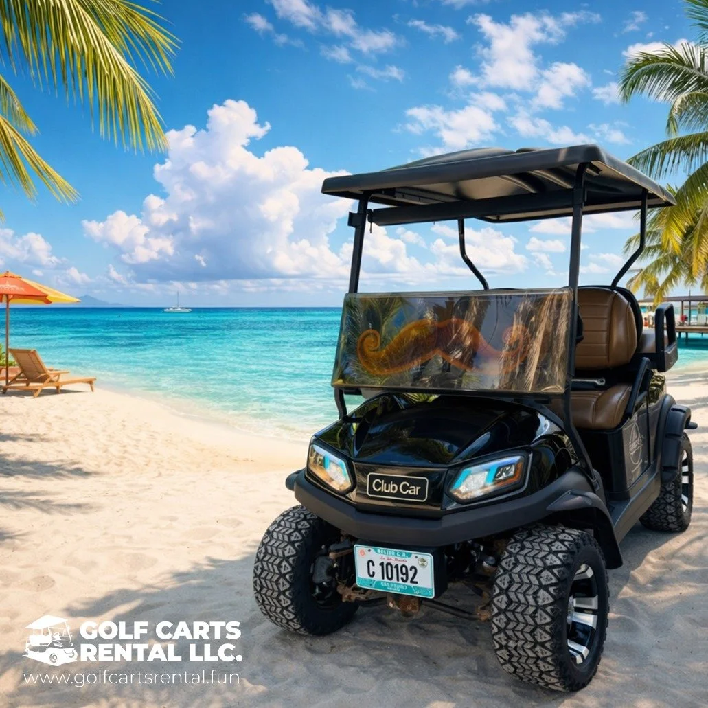 A golf cart on a sandy beach with ocean, palm trees, and a boat in the background under a blue sky with clouds.