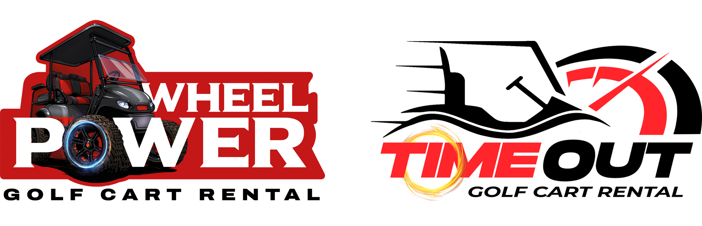 Logo for Wheel Power Golf Cart Rental, featuring a sporty black golf cart with red accents and large tires, with the words "Wheel Power" in bold white letters and "Golf Cart Rental" in black at the bottom, set against a red and black background.