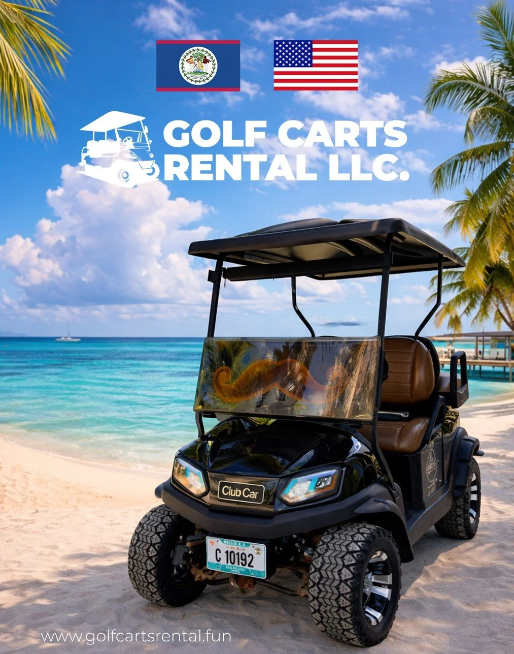 A picture of a golf cart parked on a sandy beach with palm trees, turquoise ocean, and blue sky in the background. The image is an advertisement for Golf Carts Rental LLC, featuring the company logo, flags of Belize and the United States, and the website www.golfcartsrental.fun.