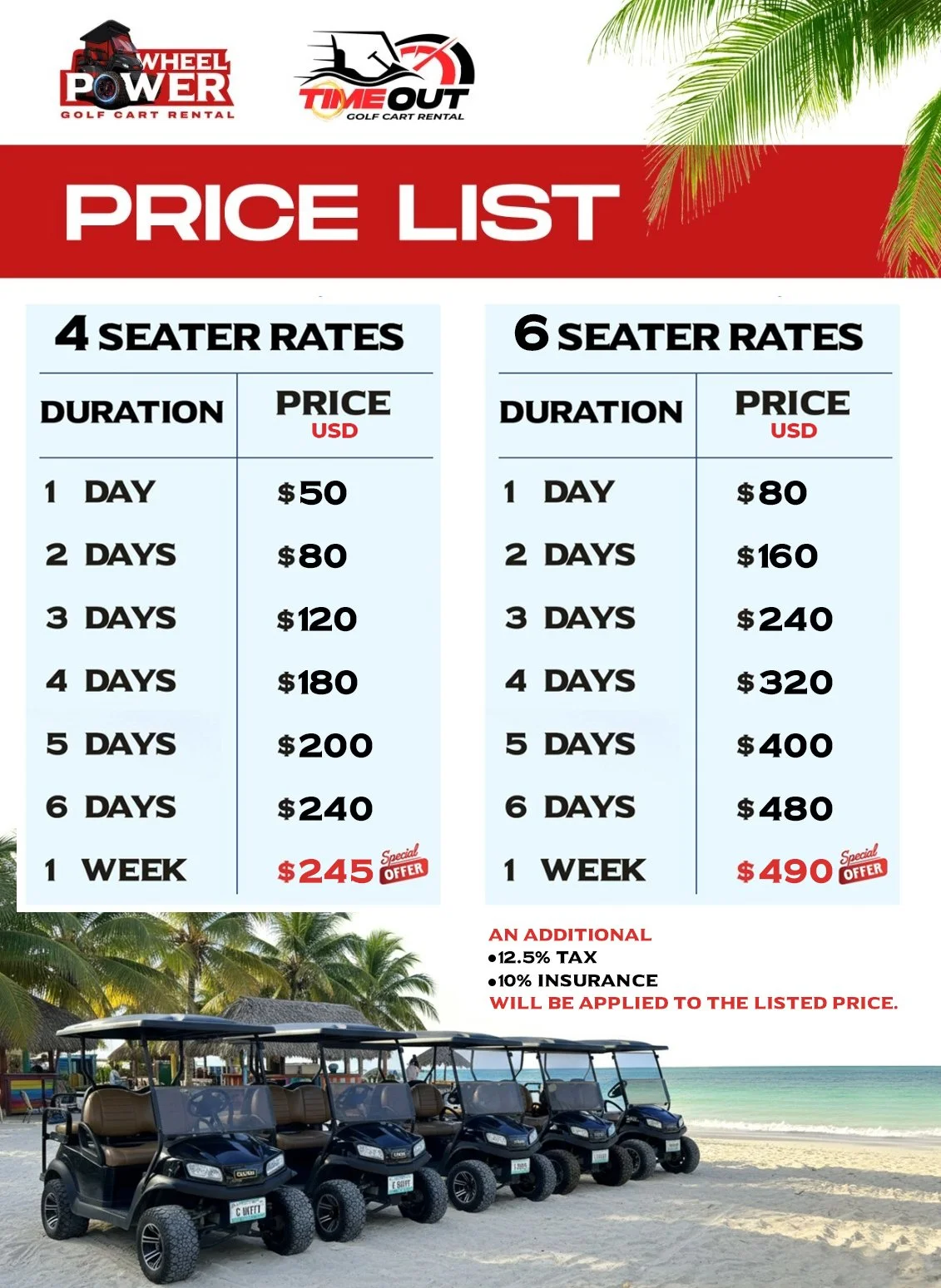 Price list for golf cart rentals at Wheel Power and Time Out