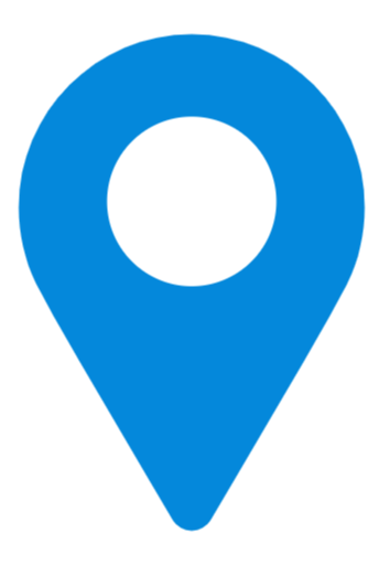 A blue location pin icon with a white circle in the center.