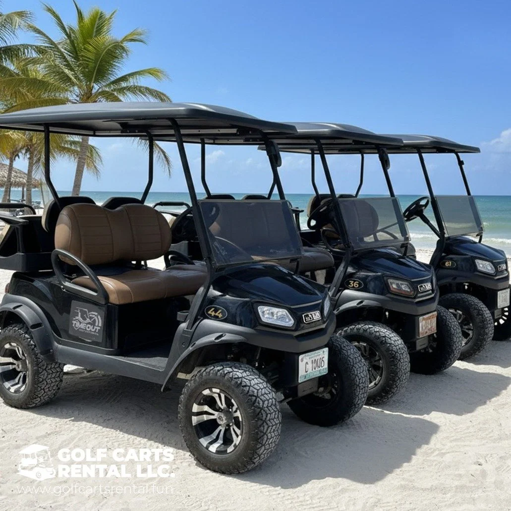 Three golf carts parked on a sandy beach with palm trees in the background and an ocean view with blue sky above.