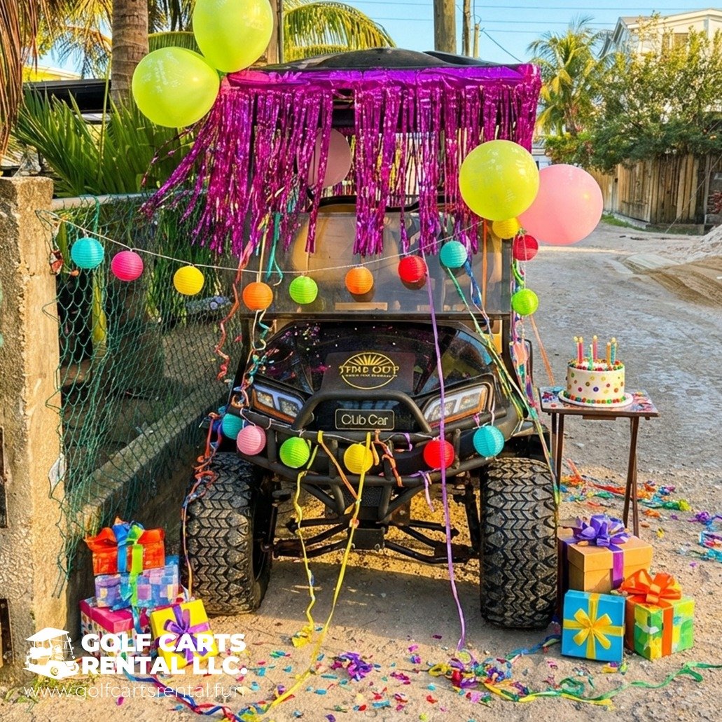 A decorated golf cart for celebration, adorned with pink tinsel, colorful paper lanterns, and balloons. There is a birthday cake with candles on a small table and wrapped presents on the ground. Confetti and streamers are scattered around, creating a