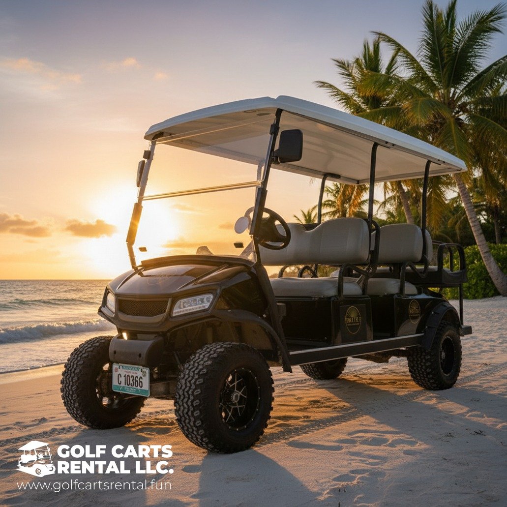 A black golf cart with a white roof parked on a beach at sunset, with palm trees in the background and the ocean waves nearby.