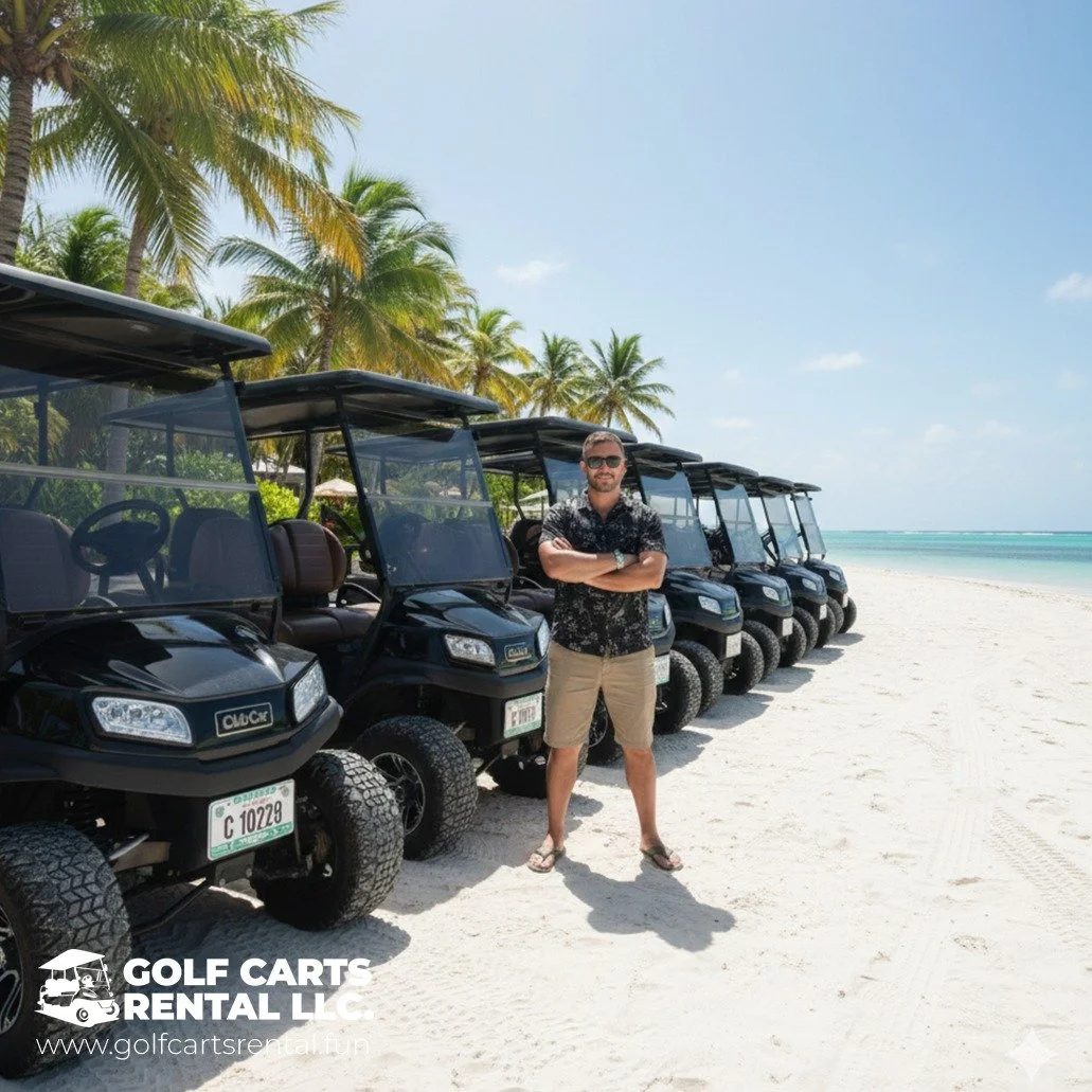 A man standing with arms crossed on a sandy beach in front of several black golf carts, with palm trees and the ocean in the background and a clear blue sky.