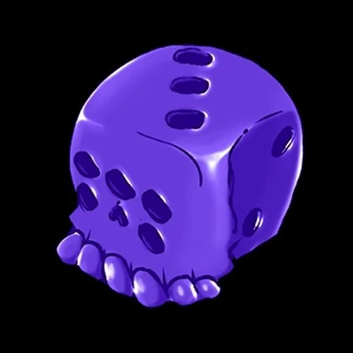 A purple skull with a smooth surface, featuring various holes and indentations, set against a black background.