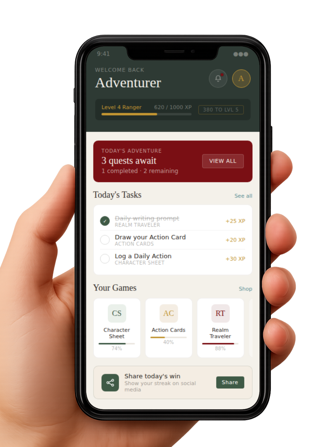 A person holding a smartphone displaying an adventure-themed app with tasks, game progress, and a user profile.