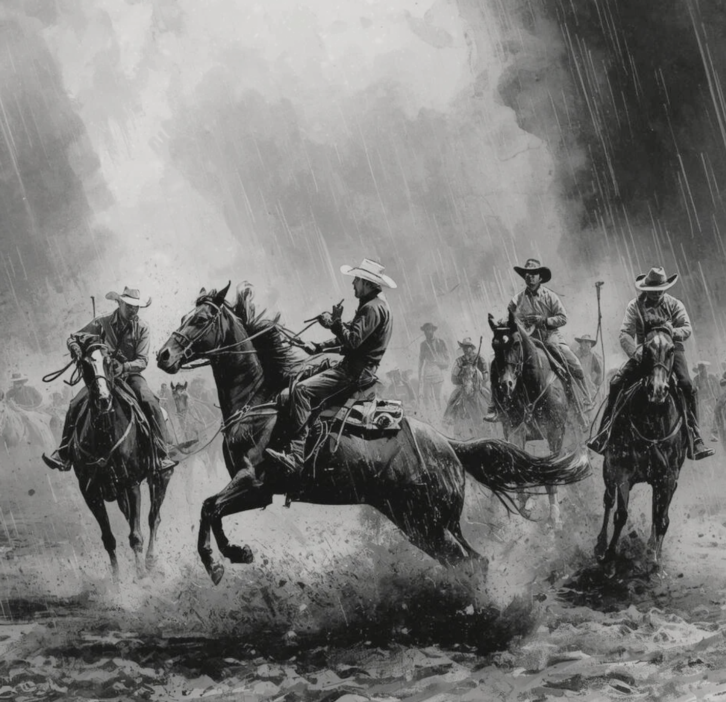 Black and white illustration of cowboys riding horses through rain in a storm.