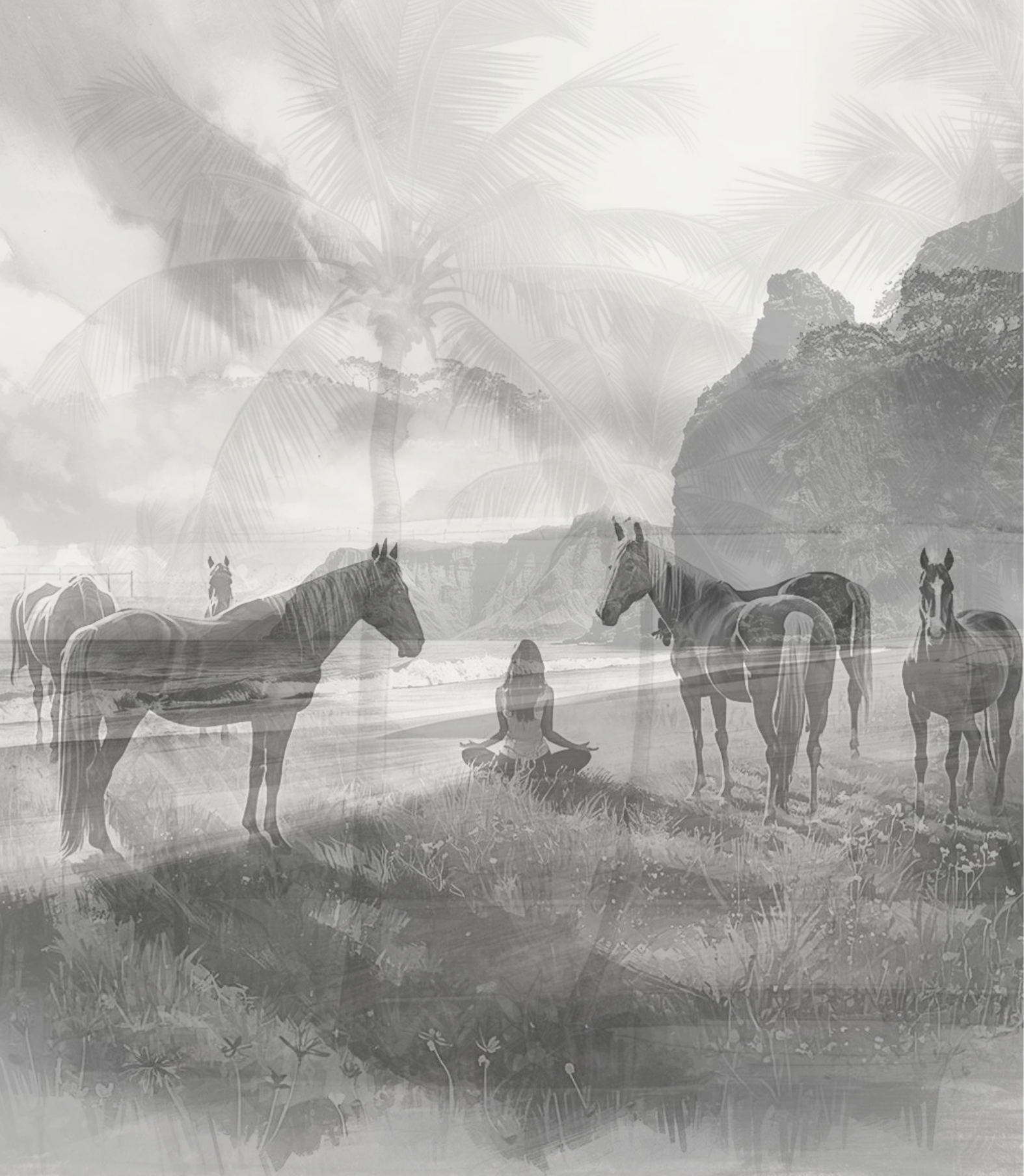 A person practicing meditation on a beach with five horses nearby, palm trees, cliffs, and mountains in the background, in black and white.
