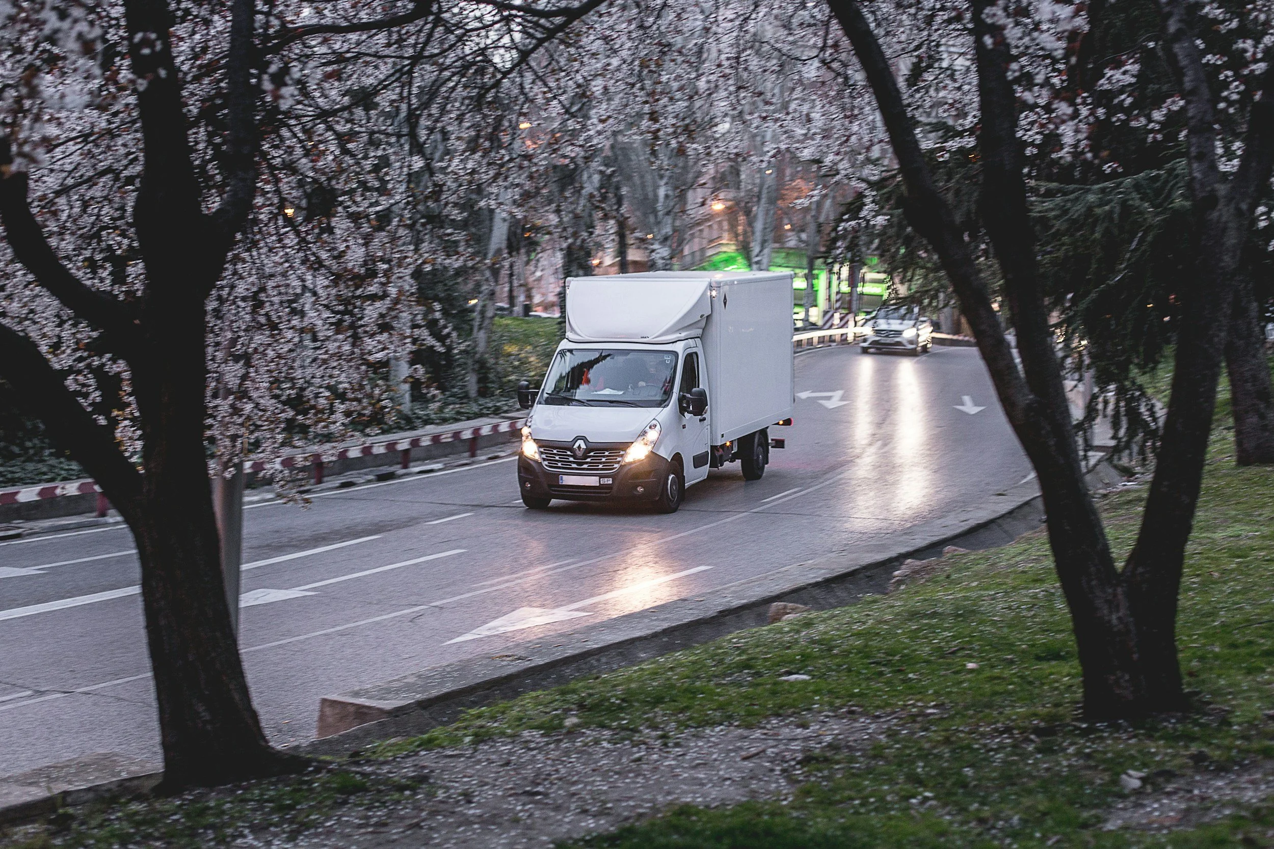 A white delivery truck driving on a wet road at dusk, surrounded by cherry blossom trees with pink flowers, in an urban area.