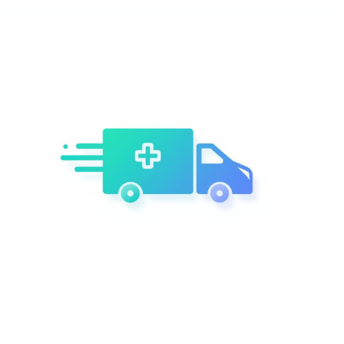Stylized icon of a moving ambulance truck with a medical cross, indicating medical or emergency transportation service.