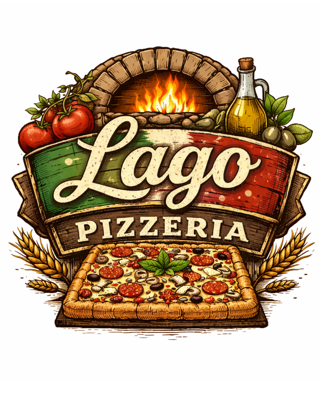 Illustration of a pizza restaurant logo with a pizza, tomatoes, olive oil, and wheat, featuring a wood-fired oven in the background and surrounded by ingredients.