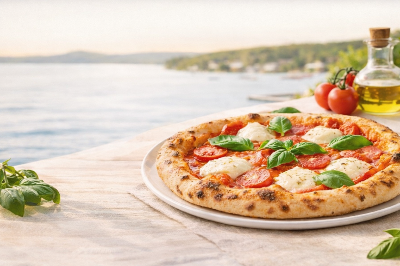A Margherita pizza on a white plate with basil leaves, tomato slices, mozzarella cheese, in front of a lakeside view with tomatoes, olive oil, and a scenic water background.