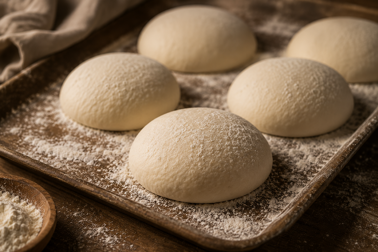 Dough balls on a floured baking tray ready for baking.