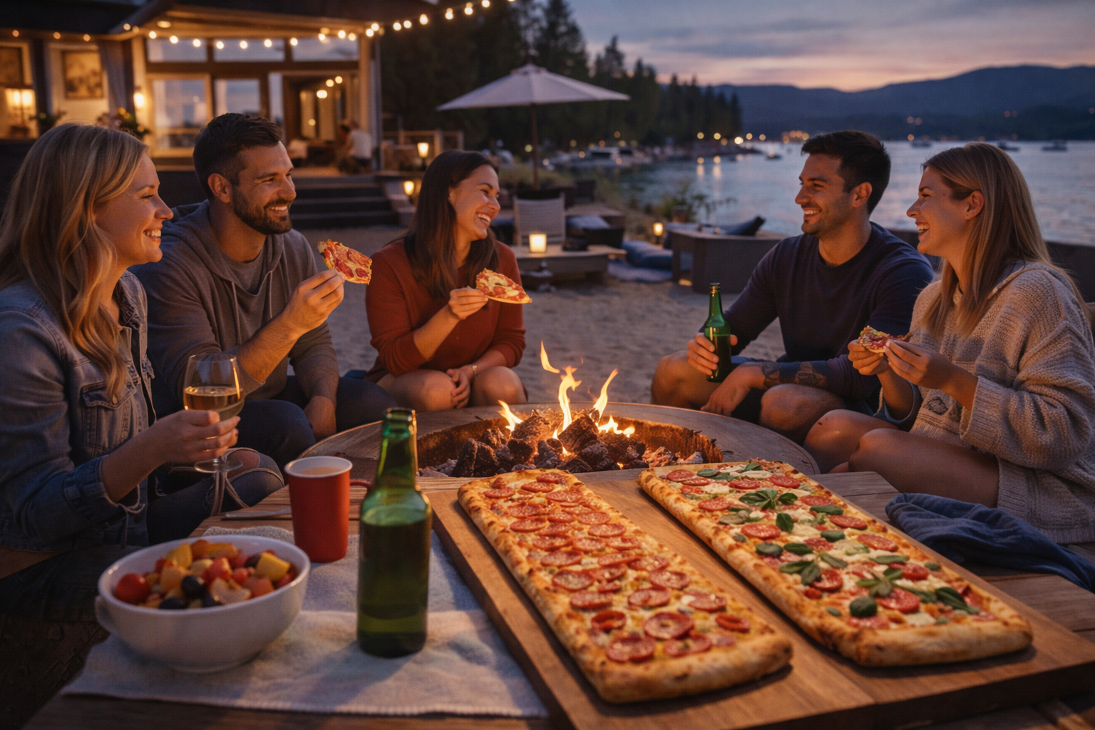 Group of friends sitting around a campfire on the beach during sunset, enjoying pizza, drinks, and each other's company.