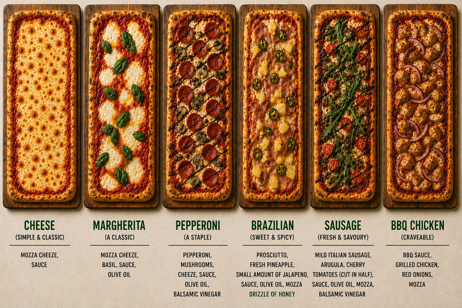 Six rectangular pizzas with different toppings on wooden boards, labeled from left to right as Cheese, Margherita, Pepperoni, Brazilian, Sausage, and BBQ Chicken.