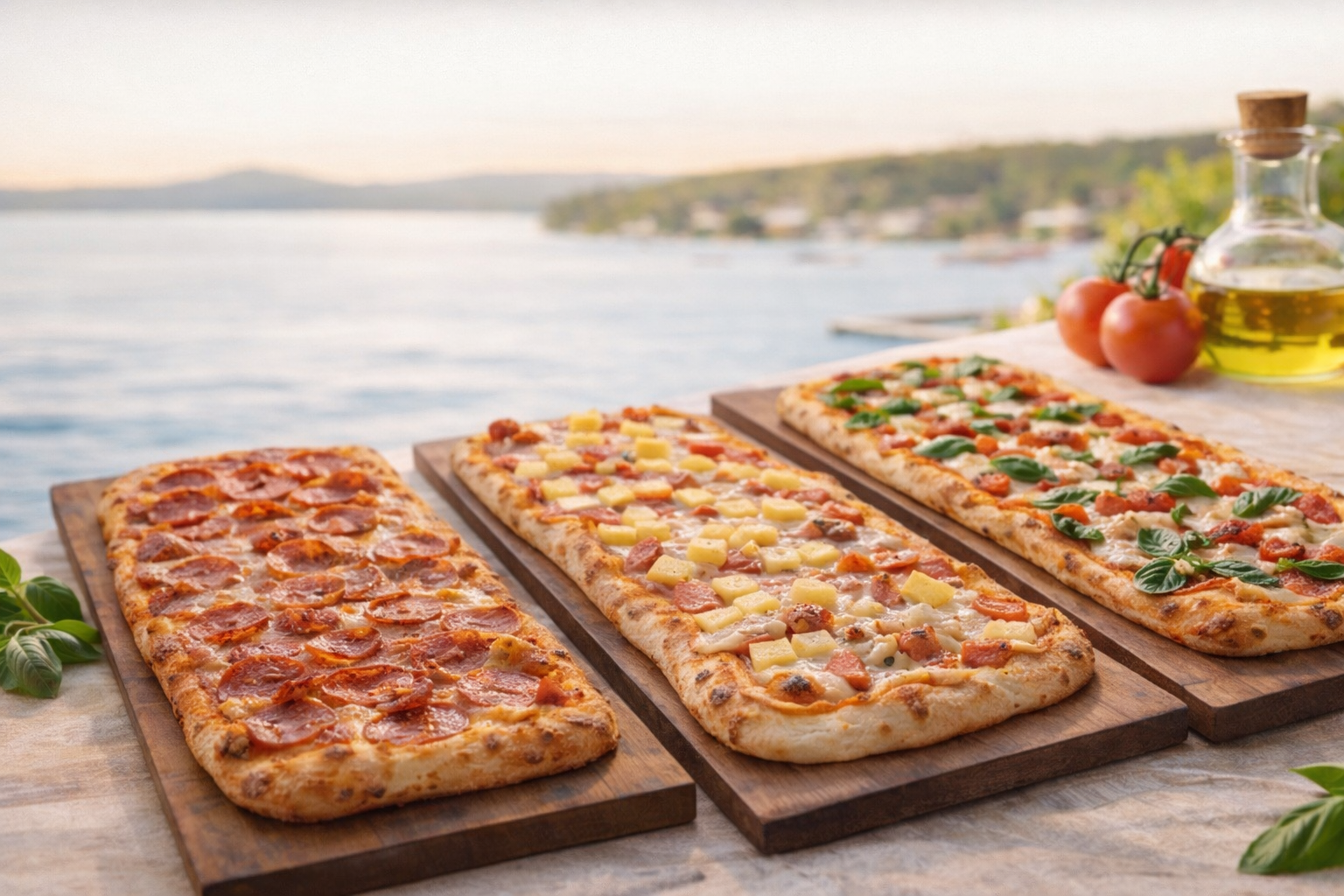 Pizza alla pala style long rectangular pizzas on wooden boards by a lakeside at sunset, with crispy crust, fresh toppings, and a shareable layout.