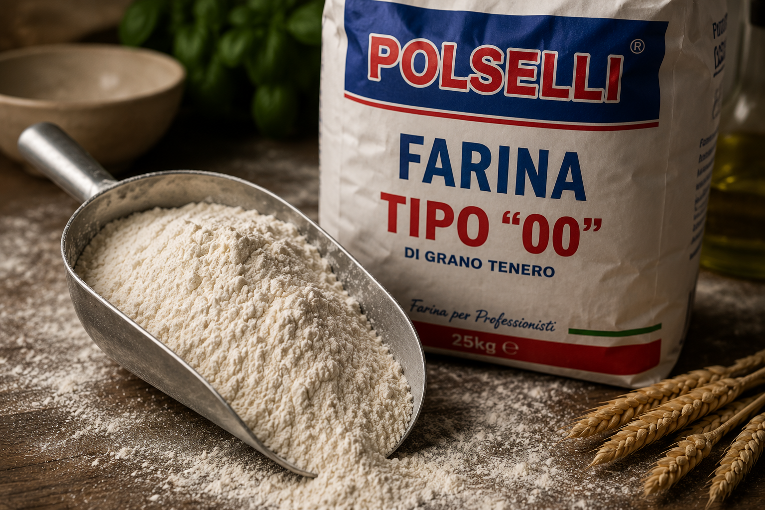 A metal scoop filled with white flour on a dusted wooden surface, with a bag of Polselli brand flour in the background, along with some wheat stalks.