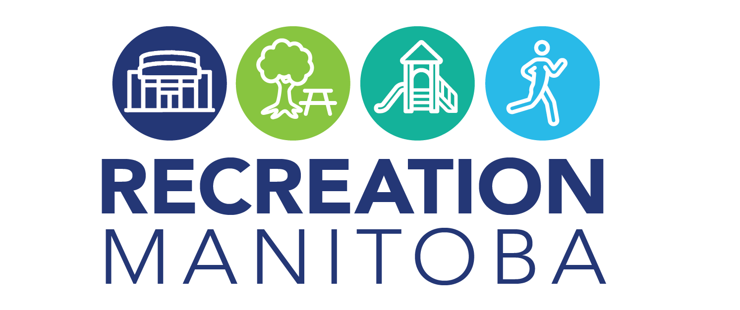 Four circular icons representing different outdoor recreational activities: a stadium, a picnic table under a tree, a playground slide, and a person running. Below the icons, there is text that says "Recreation Manitoba."