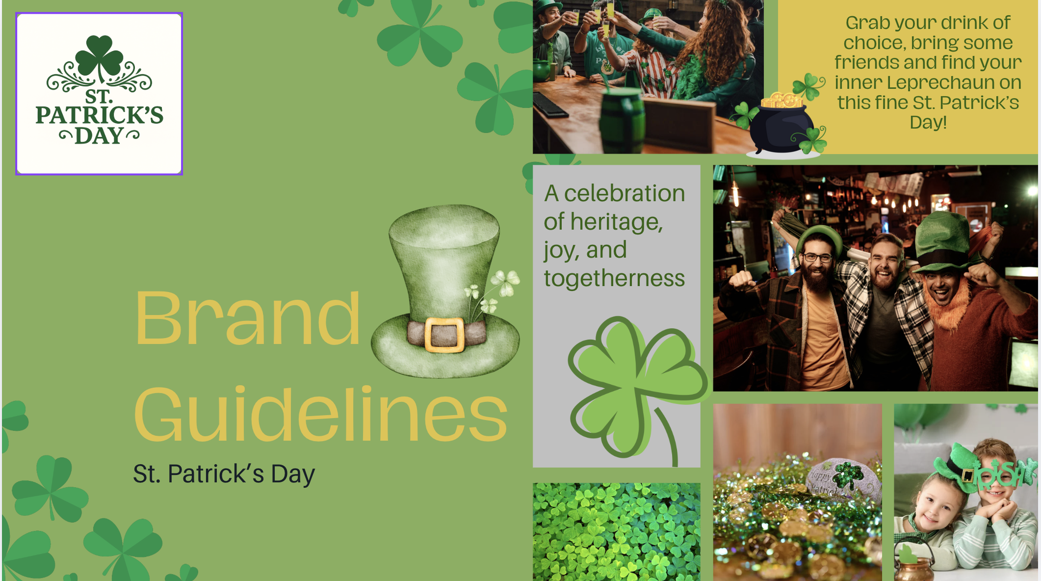 St. Patrick's Day celebration with people wearing green, shamrocks, a pot of gold, and festive decorations.