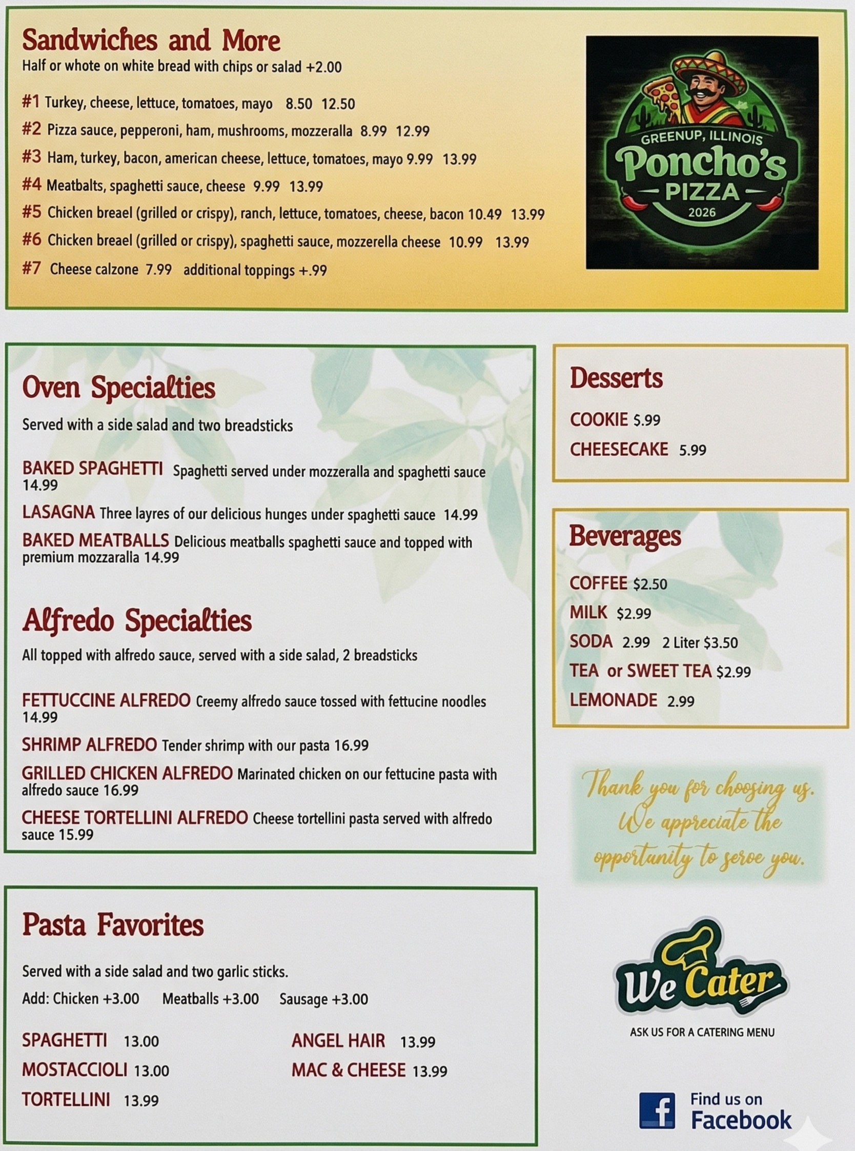 Menu from Poncho's Pizza featuring sections for sandwiches, oven specialties, pasta favorites, desserts, and beverages. The menu includes items like turkey and cheese sandwich, pizza, chicken alfredo, lasagna, and desserts such as cookies and cheesecake. The menu also displays drink options including coffee, milk, soda, tea, and lemonade.