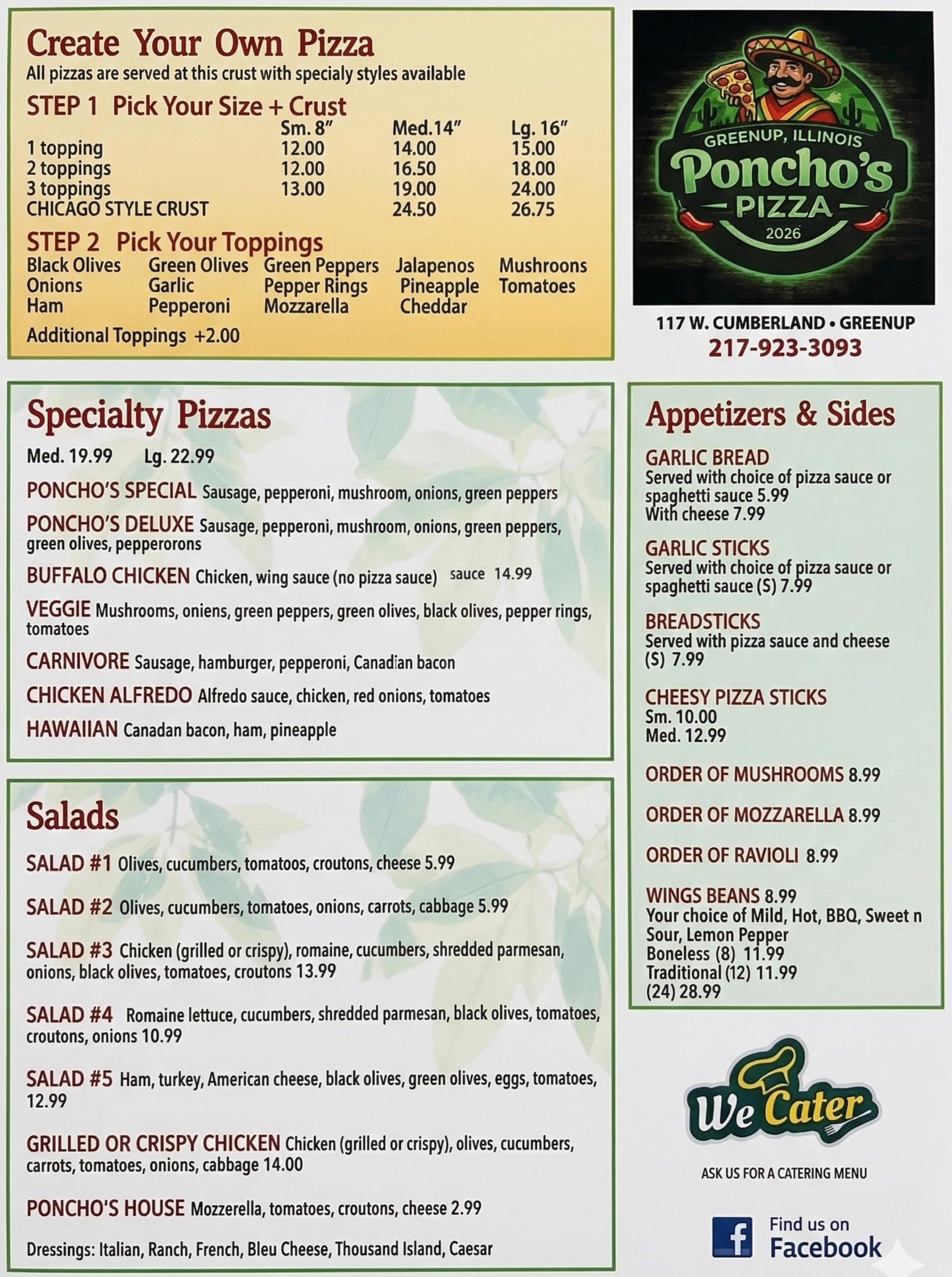 A restaurant menu for Poncho's Pizza in Greenup, Illinois, featuring options to create your own pizza, specialty pizzas, salads, and appetizers & sides.