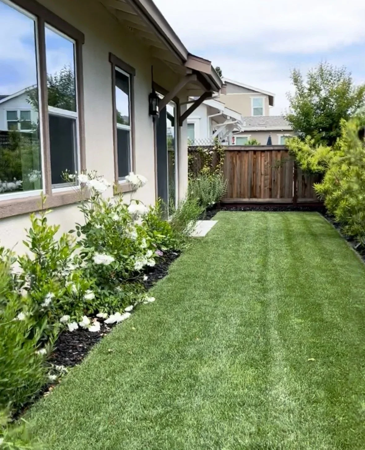 Backyard with white flowers and lawn--Casa Limones interior design
