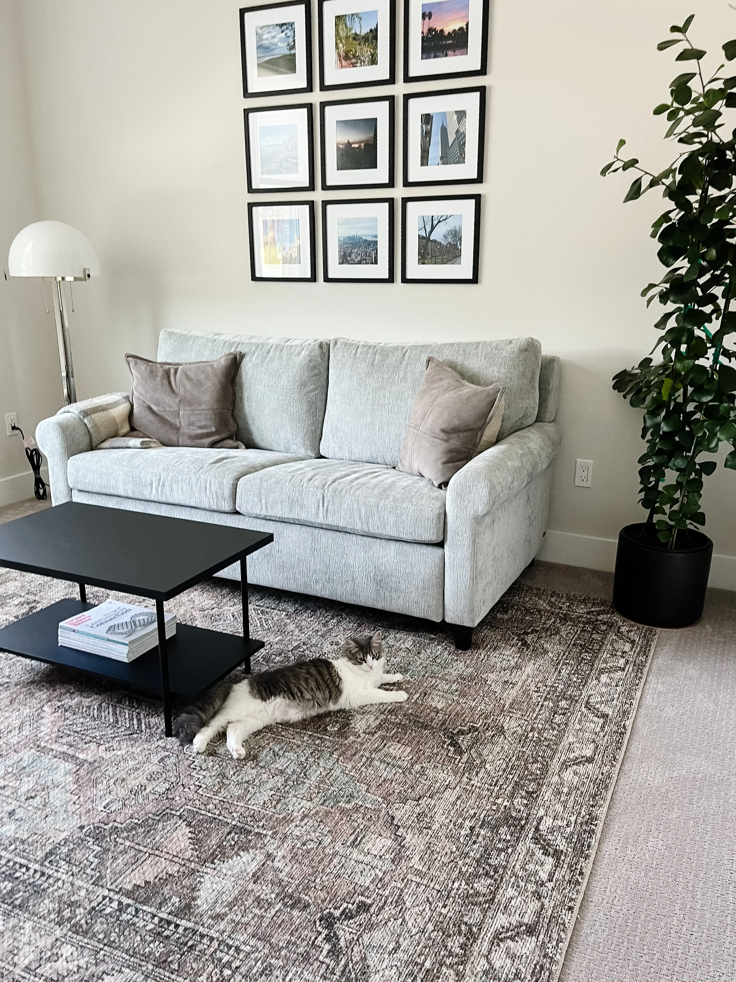 Light grey office with vintage rug and sofa bed--Casa Limones interior design