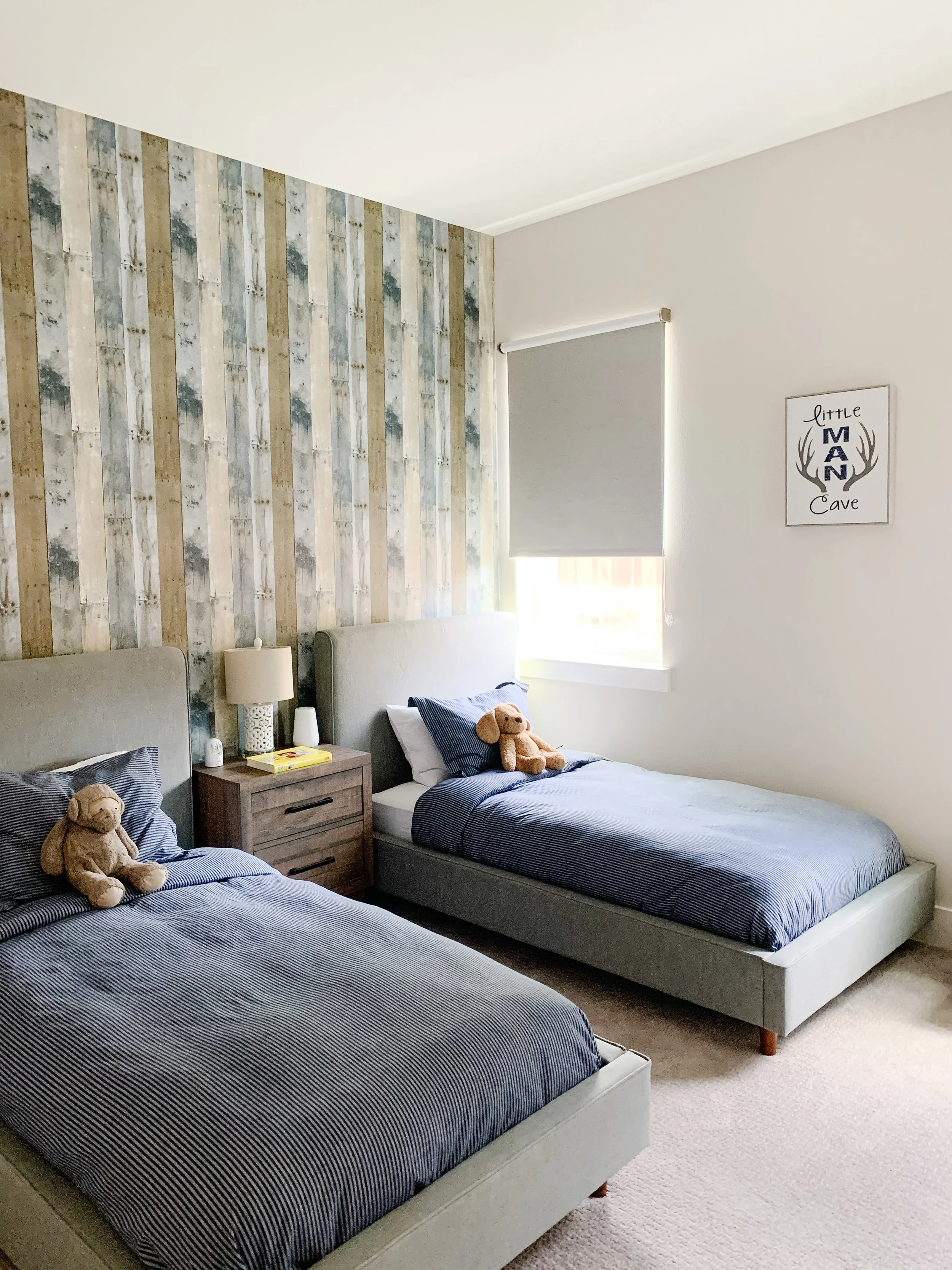 Children's boys bedroom light grey and blue with twin beds--Casa Limones interior design