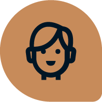 Simple illustration of a smiling person with dark hair on a brown background.