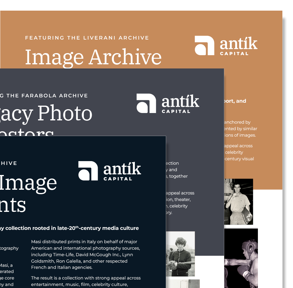 Stacked digital publication pages for Antik Capital featuring the Liverani Archive, Farola Archive, and Image Archive, with text descriptions and small black-and-white photos of people and art.